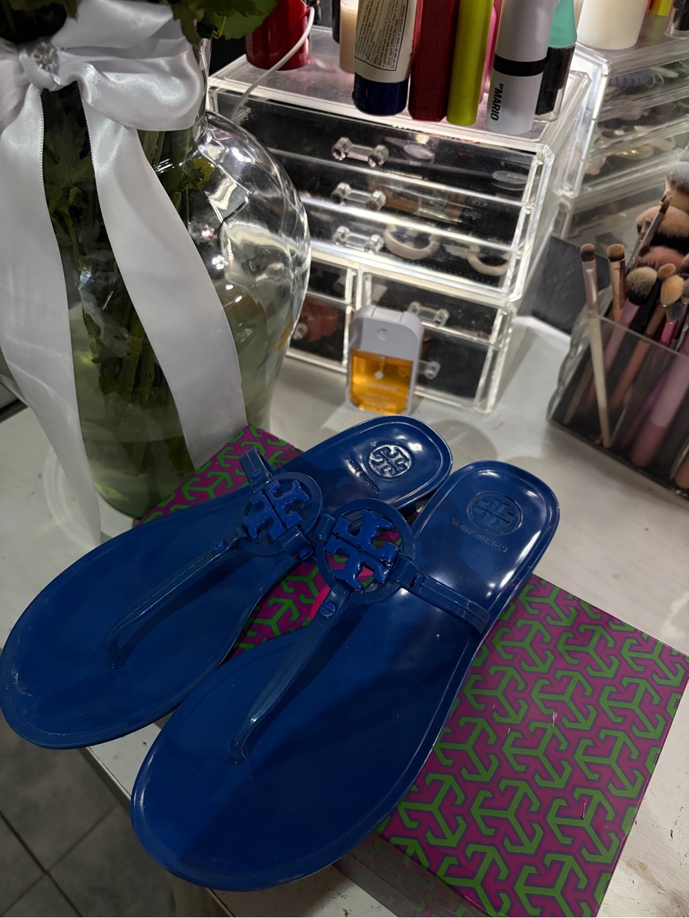 Tory Burch Electric Blue Jelly Logo Thong Sandals
